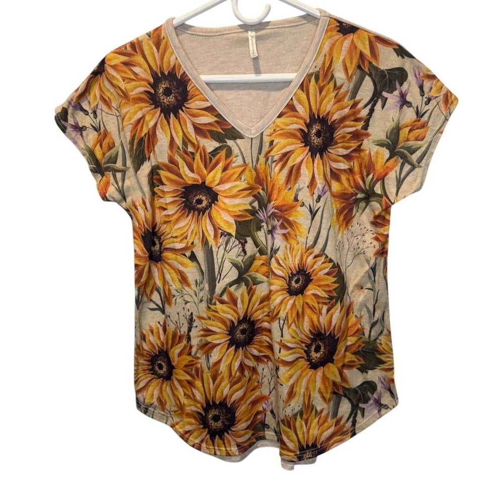 VTG Passports Womens Sunflower Floral V-Neck Short Sleeve Top USA Made S